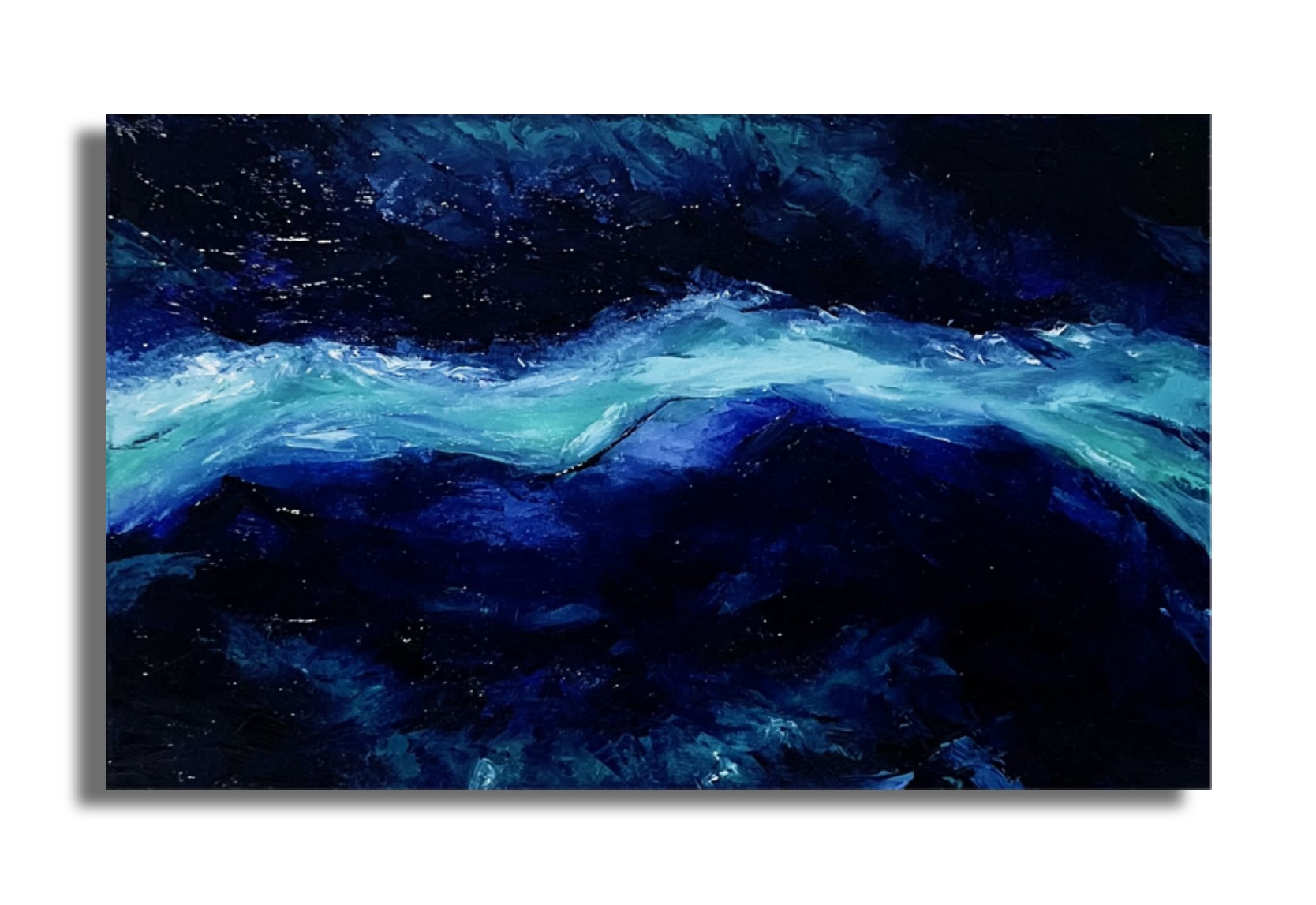 Blue abstract painting with a luminous turquoise wave emerging from deep dark blue background.