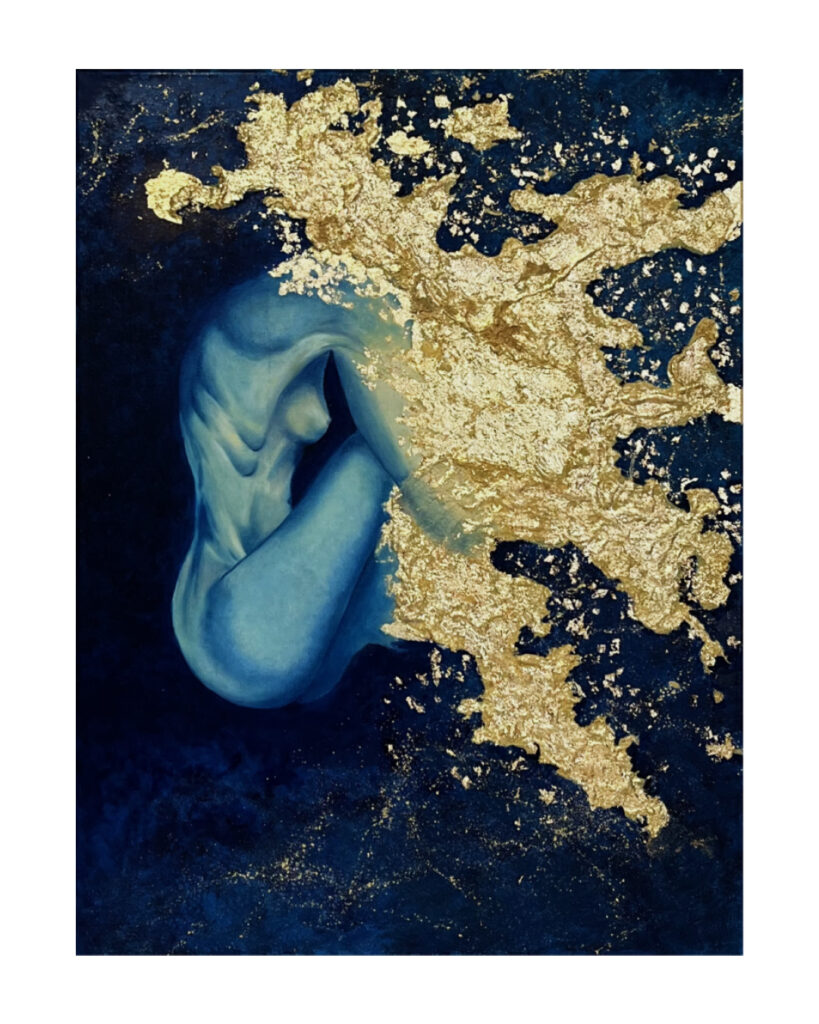 Blue figurative painting of a curled human body merging with gold textures, expressing fragility and transformation.