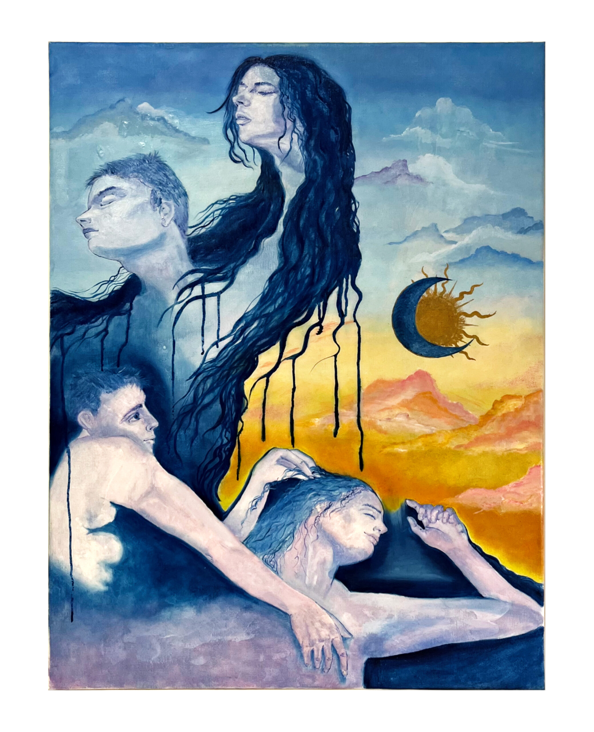 Dawn and Whispers by Blu Etherea explores intimacy, memory and transformation through layered figures and a dreamlike landscape in blue and warm tones.