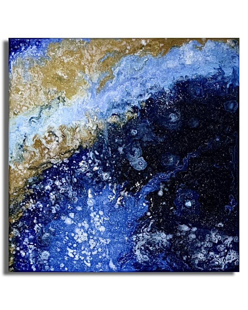 Abstract artwork in blue and gold with textured surface and central fracture suggesting transformation – Rima, Limina triptych