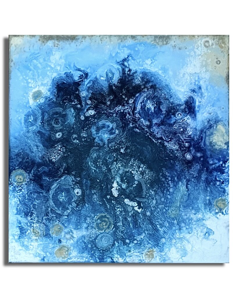 Blue abstract artwork featuring fluid textures and circular structures evoking cellular and cosmic systems.