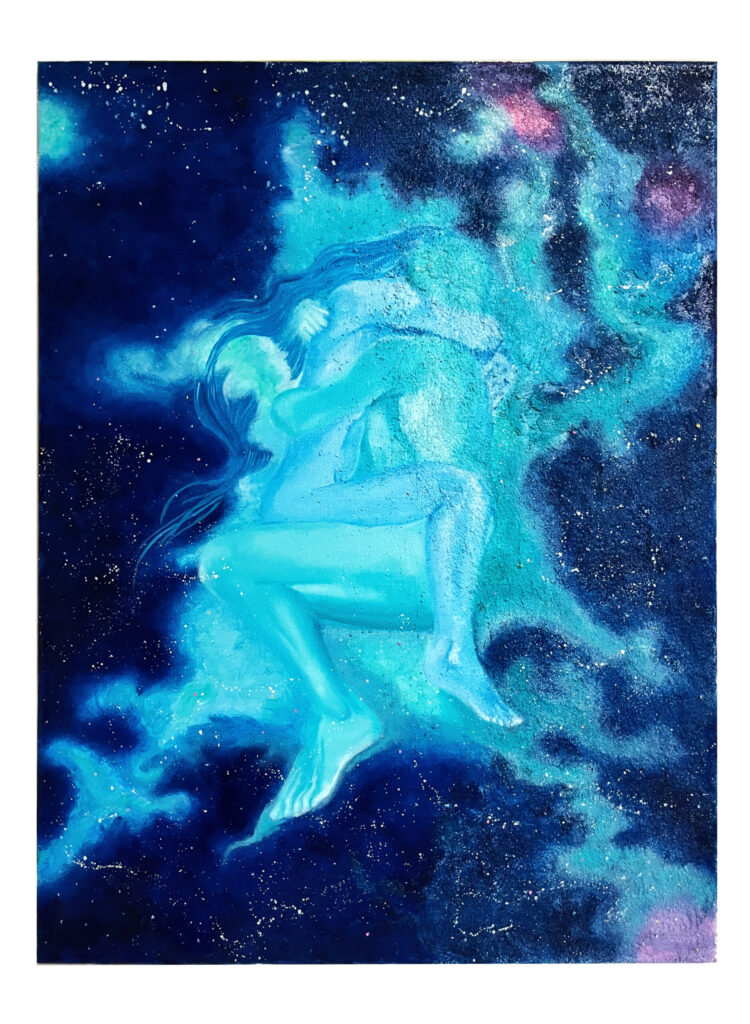 Blue ethereal figures dissolving into cosmic space, merging into light and energy in a contemporary figurative painting