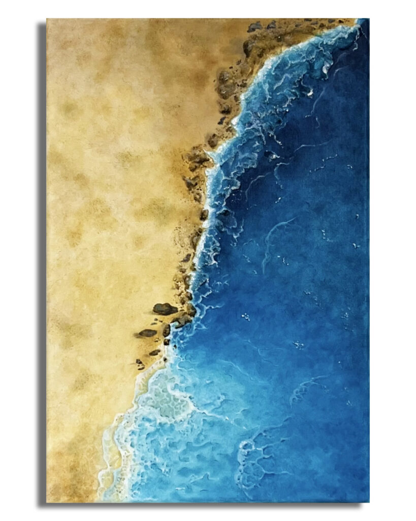 Contemporary abstract seascape painting with deep blue ocean textures, rocky shoreline, and sandy tones from the Error System triptych.