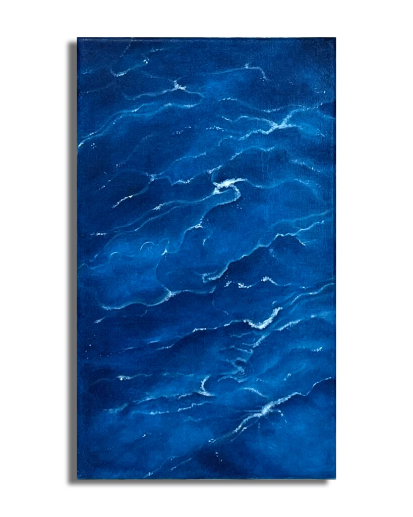 Abstract blue textured painting inspired by ocean currents from the Error System triptych.