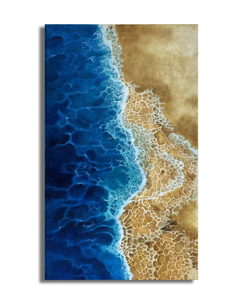 Abstract ocean wave painting with deep blue water and textured sandy shoreline from the Error System triptych