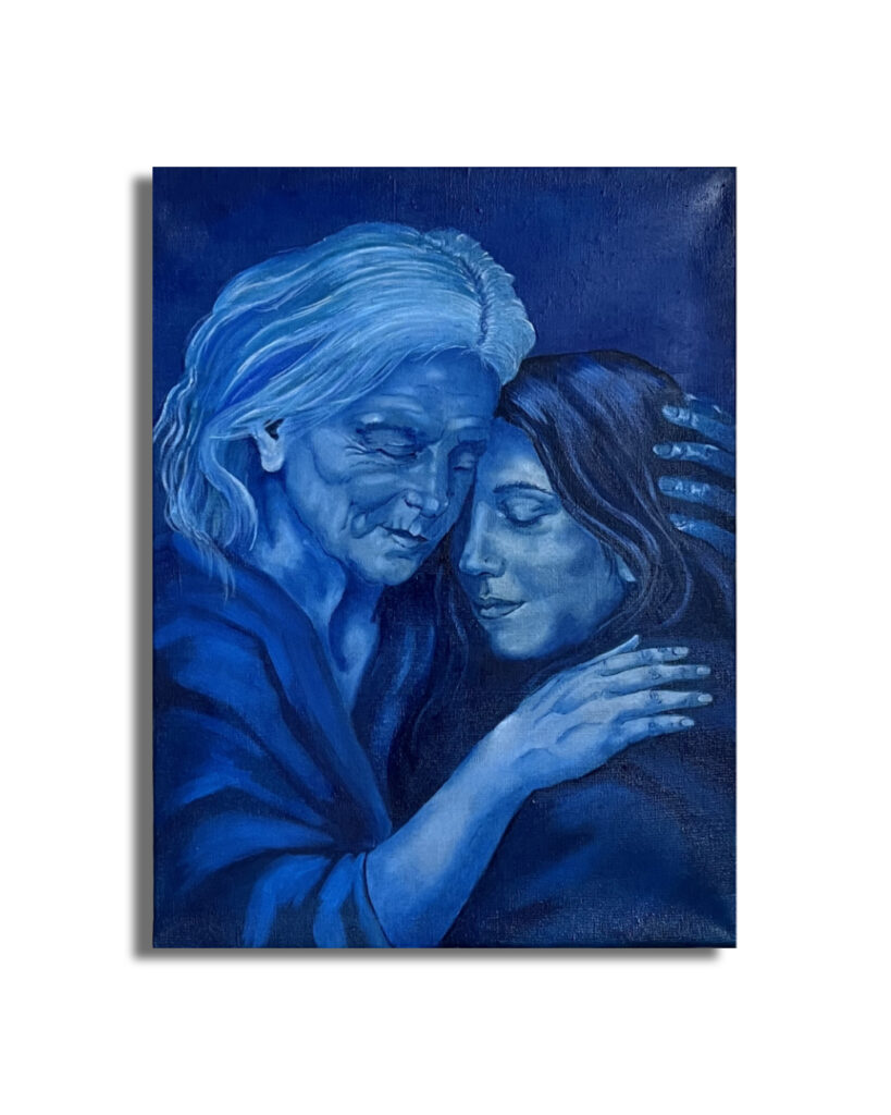 Elderly woman embracing her younger self in a monochromatic blue figurative painting about memory, identity and reconciliation.