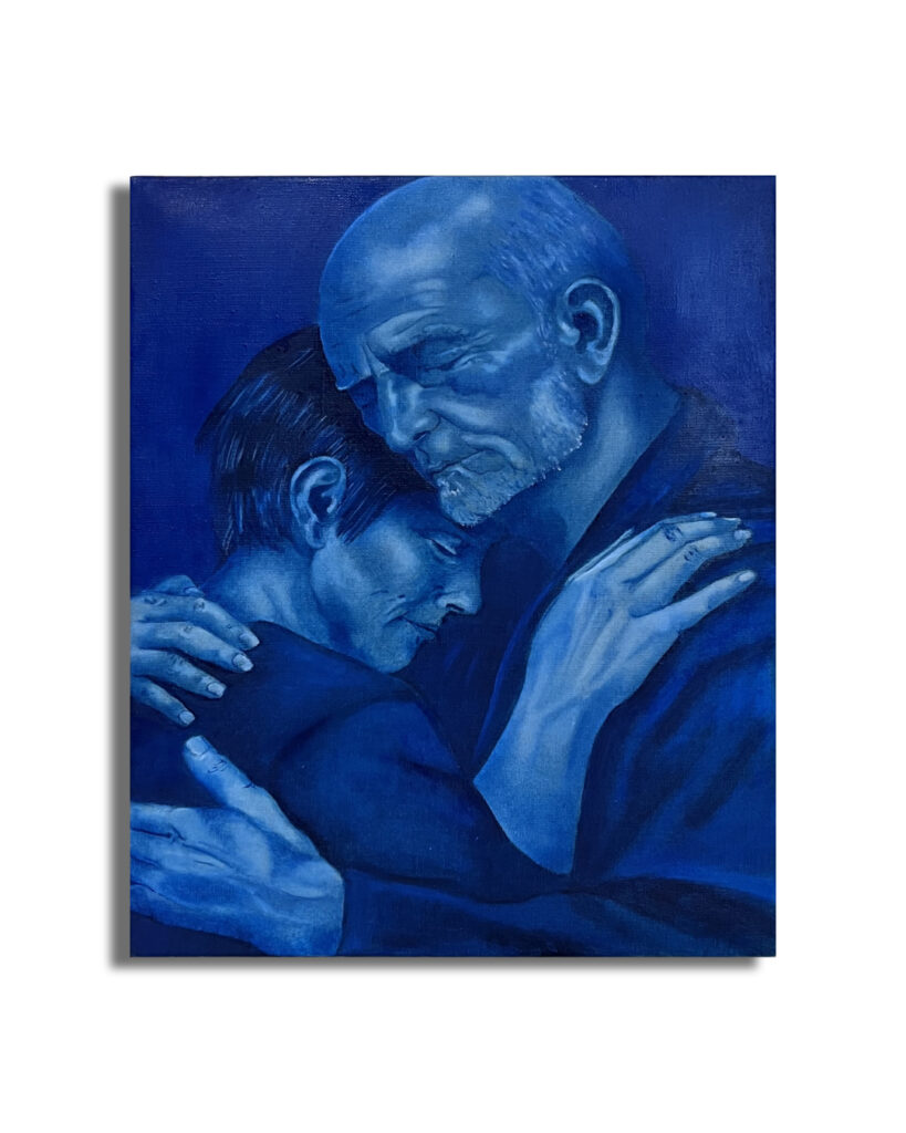 Elderly man embracing his younger self in a monochromatic blue figurative painting about memory, regret, forgiveness, and identity.
