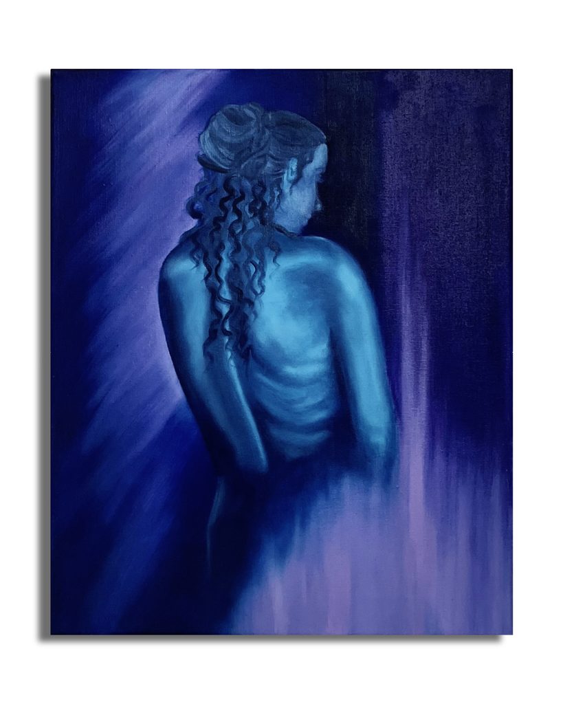 I Felt by Blu Etherea, contemporary blue painting inspired by Orpheus and Eurydice