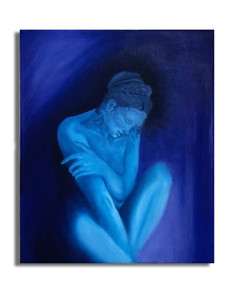 I Remain blue-toned painting of Eurydice from A Place Without Goodbye